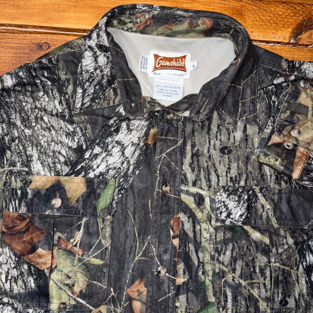 Vtg Gamehide Hunting Shirt Mens XL Camo Mossy Oak Break Up Hush Hide Button Up